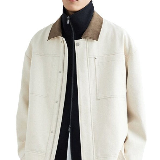 Herren Boxy-Zipjacke aus strukturiertem Baumwollmix mit Lederkragen und verdeckter Druckknopfblende Shop Nory