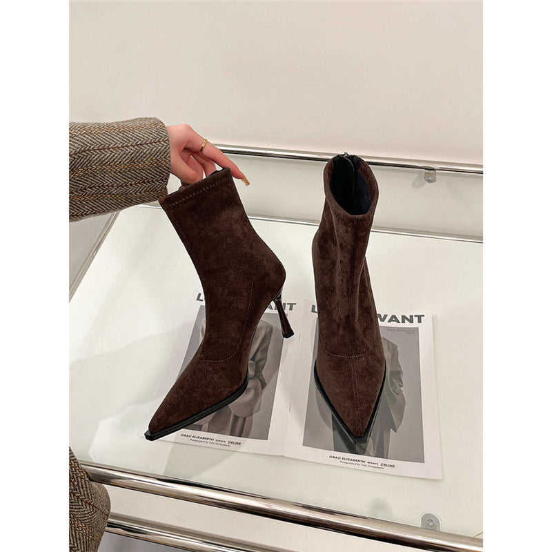 Damen Spitz zulaufende Ankle-Boots aus Veloursoptik mit sockenhaftem Schaft und schlankem Stiletto-Absatz Shop Nory