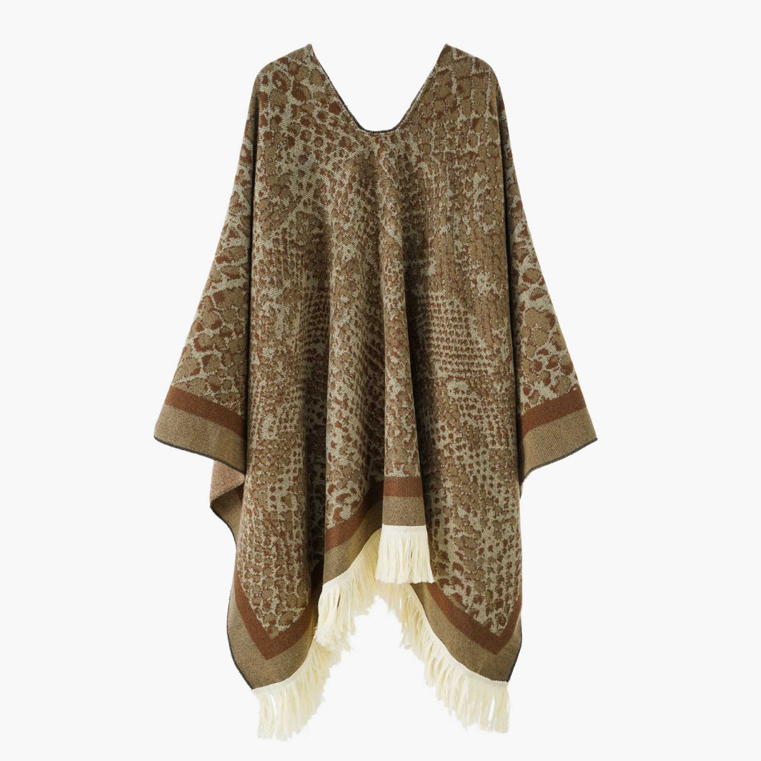 Damen Jacquard-Poncho mit V-Ausschnitt, Animalprint und Fransensaum Shop Nory