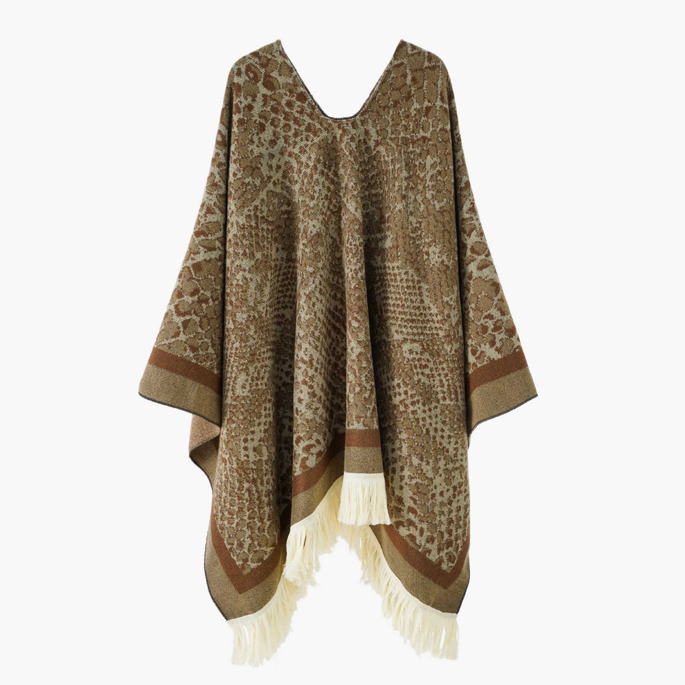 Damen Jacquard-Knitcape mit Leoparden‑Print, V‑Ausschnitt und Fransensaum Shop Nory