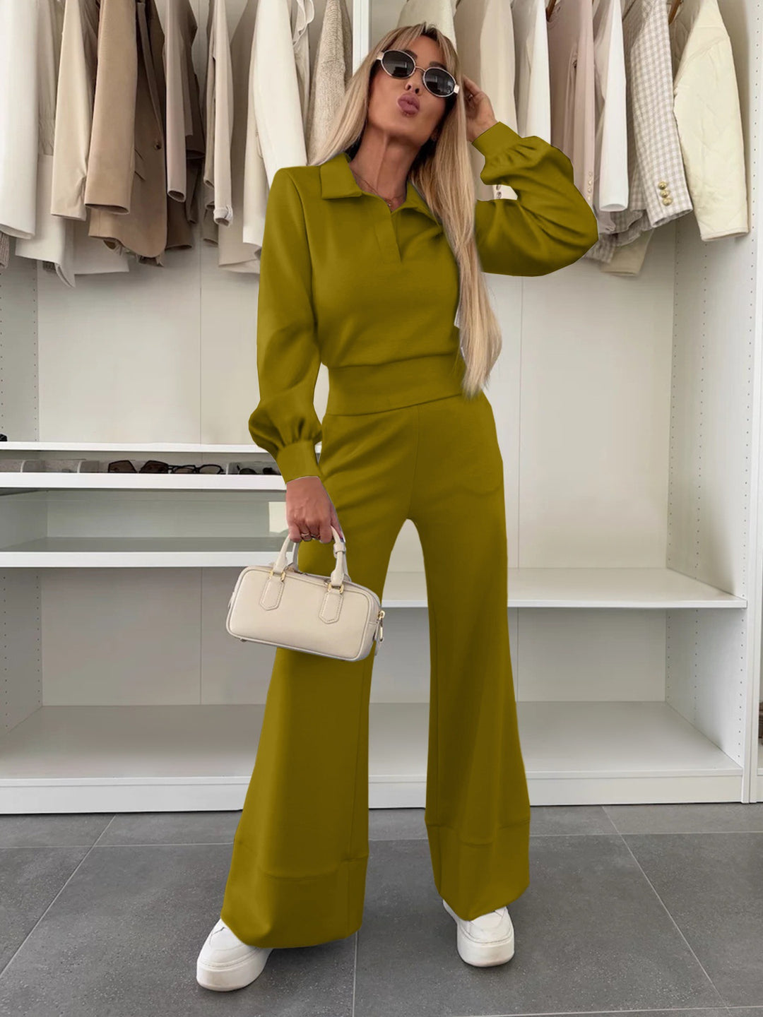 Damen Zweiteiliges Lounge-Set mit Polokragen und taillenhoher Palazzohose Shop Nory