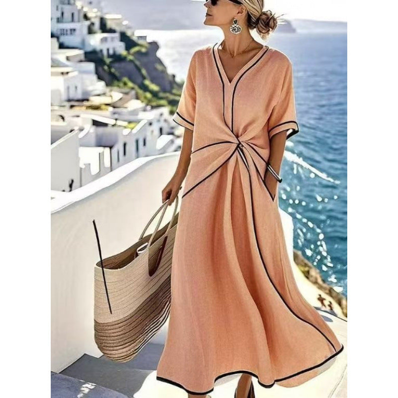 Damen Maxikleid mit V-Ausschnitt, seitlichem Knoten und Kontrastpaspeln Shop Nory