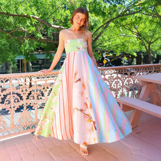 Damen Maxikleid mit floralem und gestreiftem Design