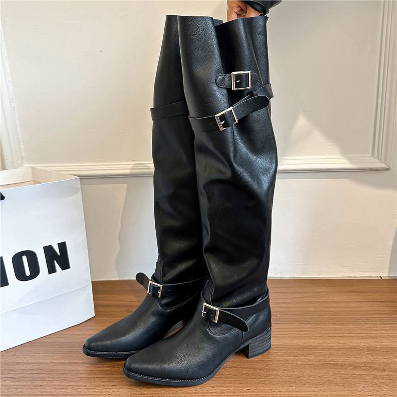 Damen Kniehohe Stiefel im Reiterstil mit verstellbaren Schnallen Shop Nory