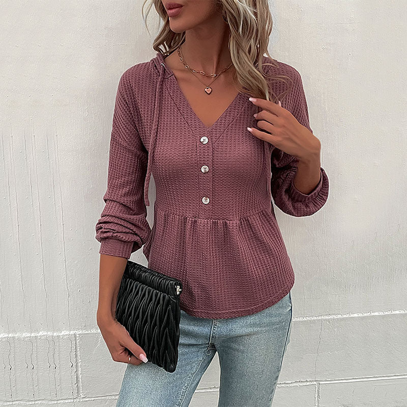 Damen Waffelstrick-Hoodie-Bluse mit V-Ausschnitt, Knopfleiste und geraffter Taillenpasse Shop Nory