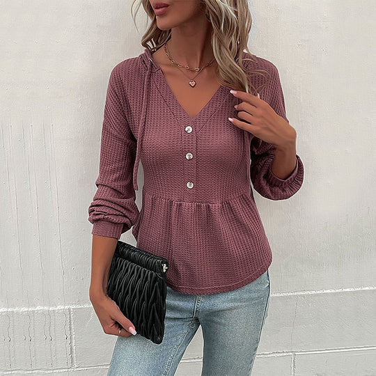 Damen Waffelstrick-Hoodie-Bluse mit V-Ausschnitt, Knopfleiste und geraffter Taillenpasse Shop Nory