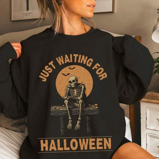 Damen nan Oversize-Sweatkleid mit Halloween-Skelettprint, weichem Baumwollmix und geripptem Rundhalsausschnitt Shop Nory