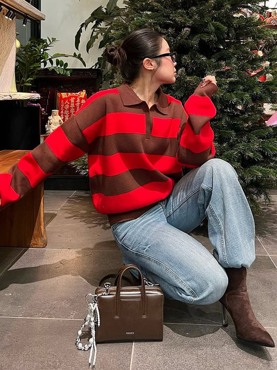 Damen Oversize Rugby-Strickpullover mit Polokragen & breiten Blockstreifen Shop Nory