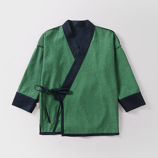 Unisex Leichte Wickel-Kimono-Jacke aus Leinen-Baumwollmix mit Kontrastbesatz und Bindegürtel Shop Nory