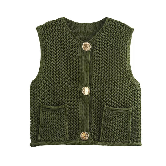 Damen gehäkelte Strickweste mit großen Zierknöpfen und Aufsatztaschen Shop Nory