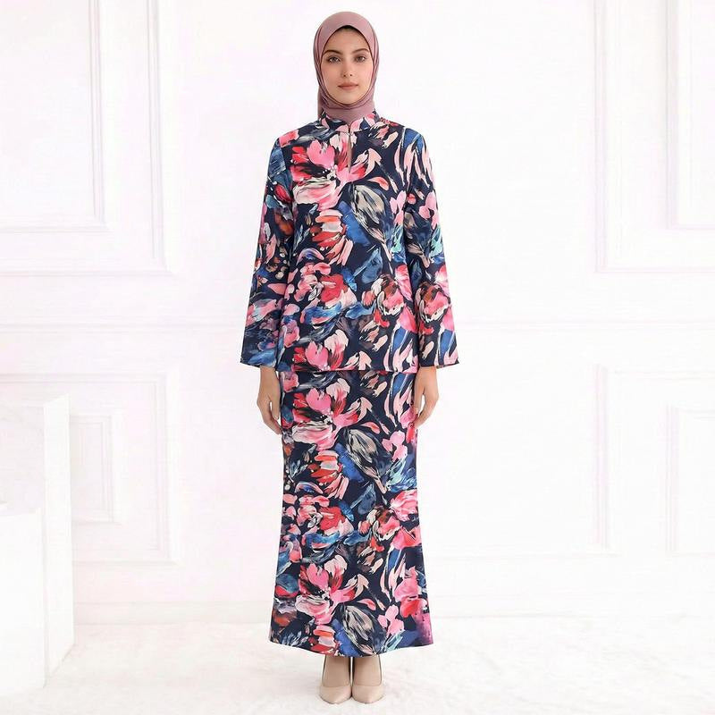 Damen Zweiteiliges Modest-Set aus Tunika mit Stehkragen und geradem Maxirock mit Blumenprint Shop Nory