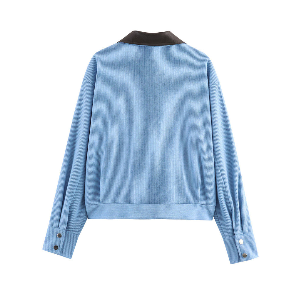 Damen Rippenstruktur-Kurzjacke mit Kunstlederkragen und Pattentaschen Shop Nory