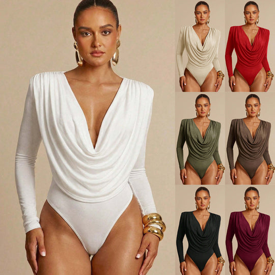 Damen Drapiertes Body mit Wasserfallausschnitt, gerafften Schultern und langen Ärmeln Shop Nory