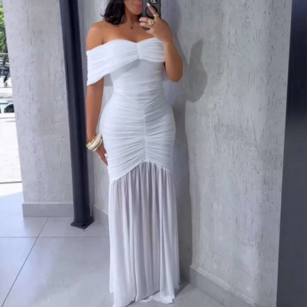 Damen Off-Shoulder Maxikleid mit elegantem Raffungseffekt