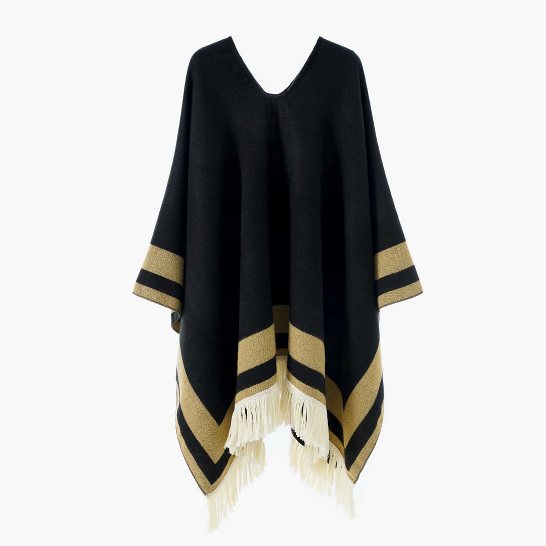 Damen V‑Ausschnitt Stricküberwurf im Oversize mit kontrastierenden Blockstreifen und Fransen Shop Nory