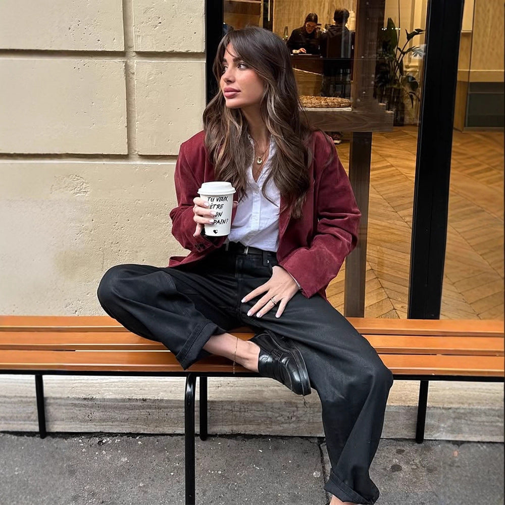 Damen Velourslederblazer mit legerer Cropped-Passform und Hemdkragen Shop Nory