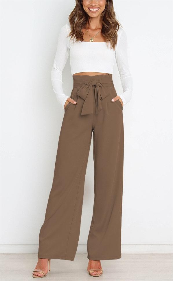 Damen Weit geschnittene High-Waist-Hose mit Binde-Gürtel und Taschen