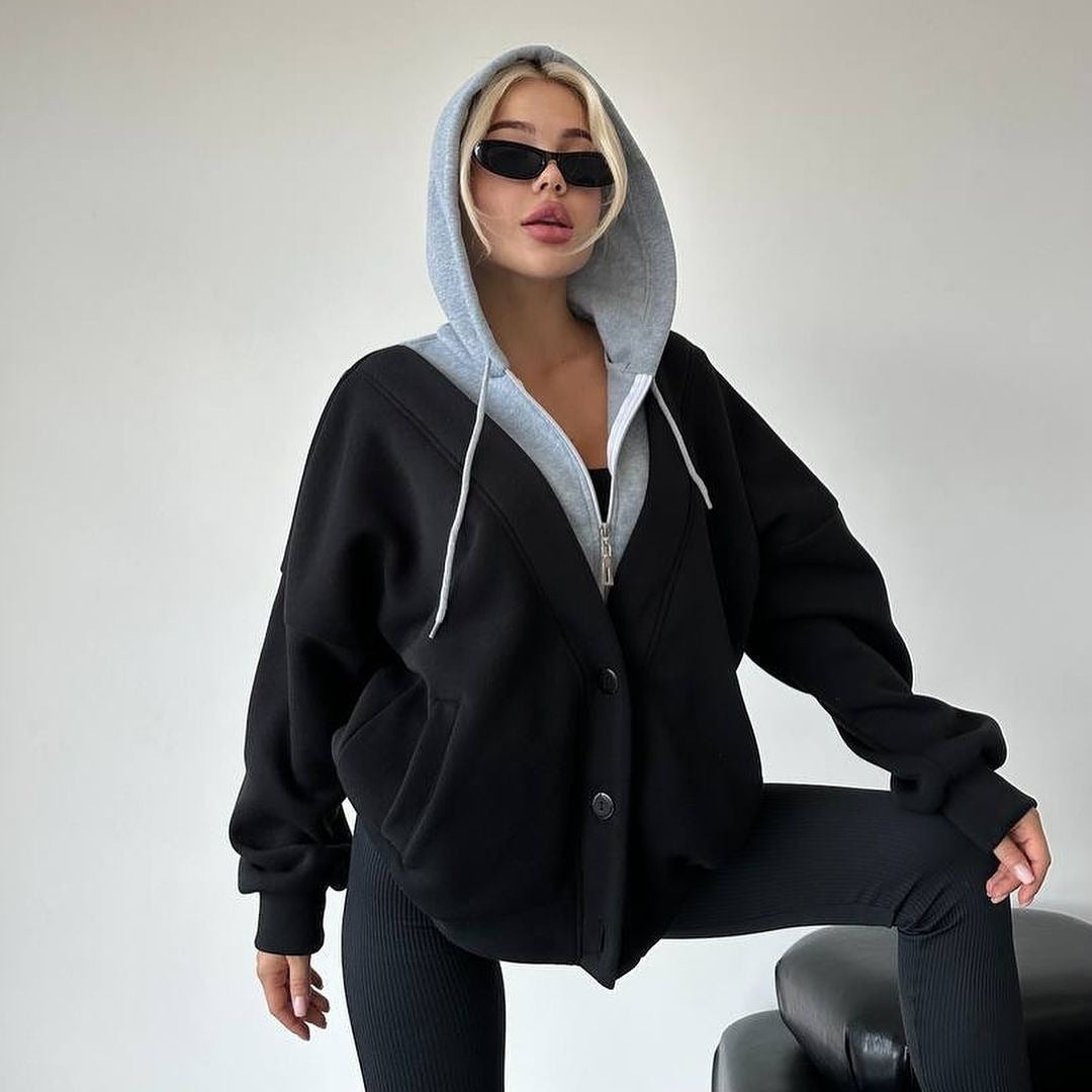 Damen Oversized Kapuzenjacke mit Druckknopfverschluss und Eingrifftaschen Shop Nory