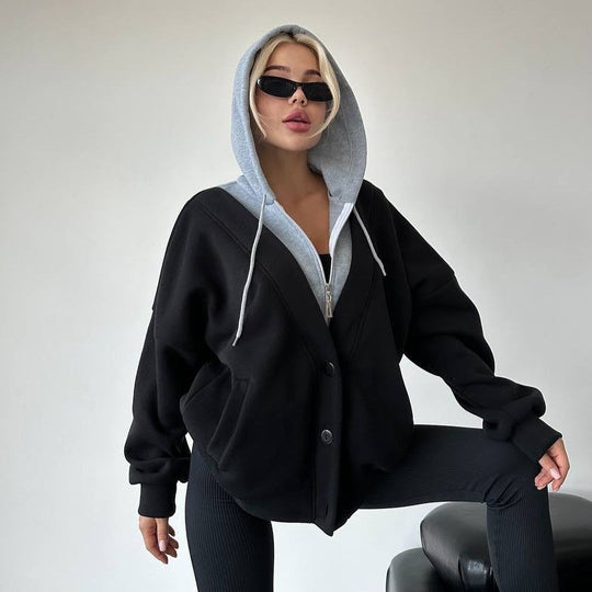 Damen Oversized Kapuzenjacke mit Druckknopfverschluss und Eingrifftaschen Shop Nory