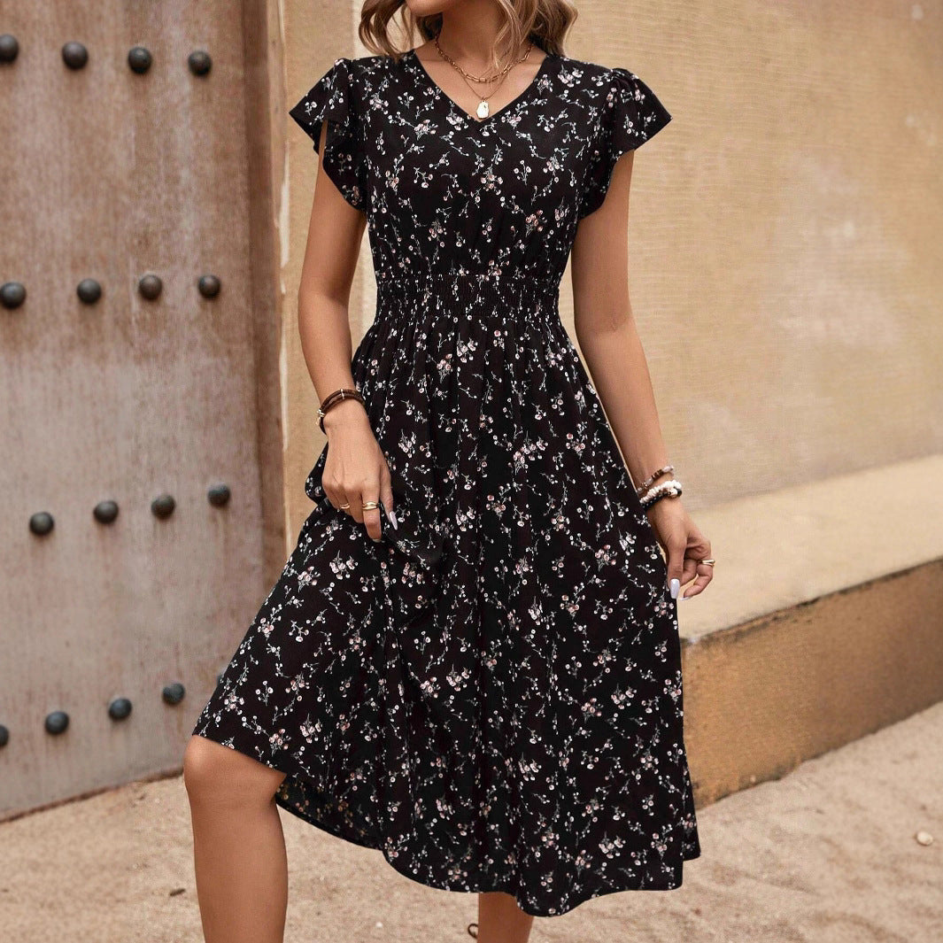 Damen Midikleid mit floralem Muster und Raffungen