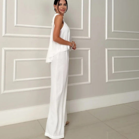 Damen elegantes Set aus lässigem Oberteil und hochsitztender Hose