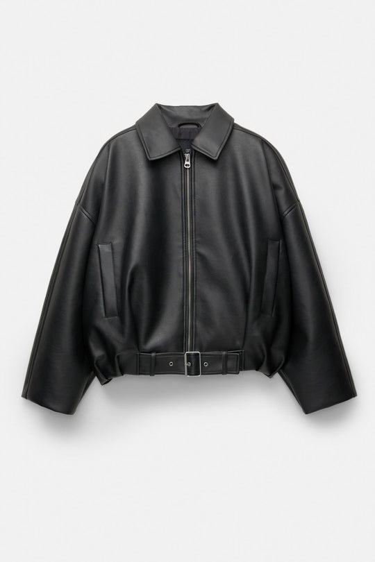 Damen Oversized Lederimitat-Blouson mit Taillengürtel Shop Nory