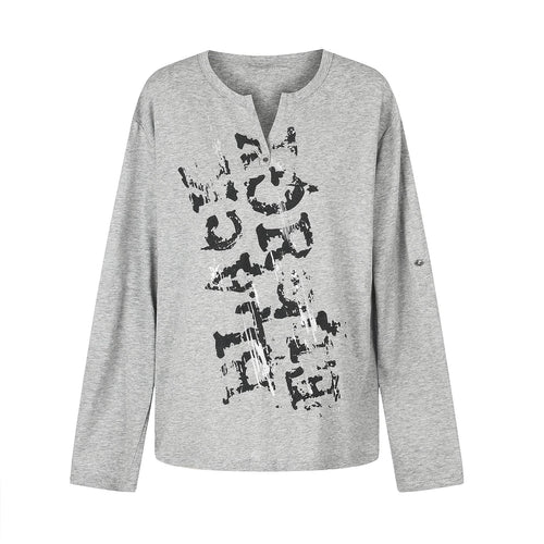 Damen Lässiges Langarmshirt mit Notch‑Ausschnitt, Oversize‑Silhouette und Druckgrafik Shop Nory