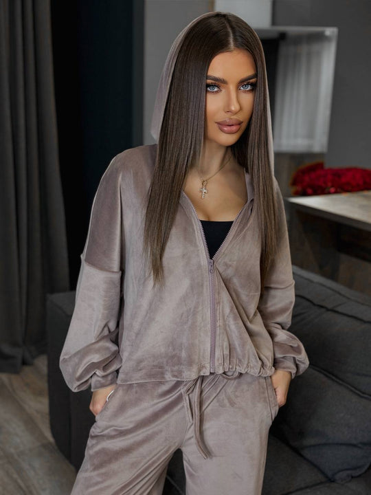 Damen luxuriöses Velours-Cropped-Hoodie und High-Waist Weite Jogginghose Set Shop Nory