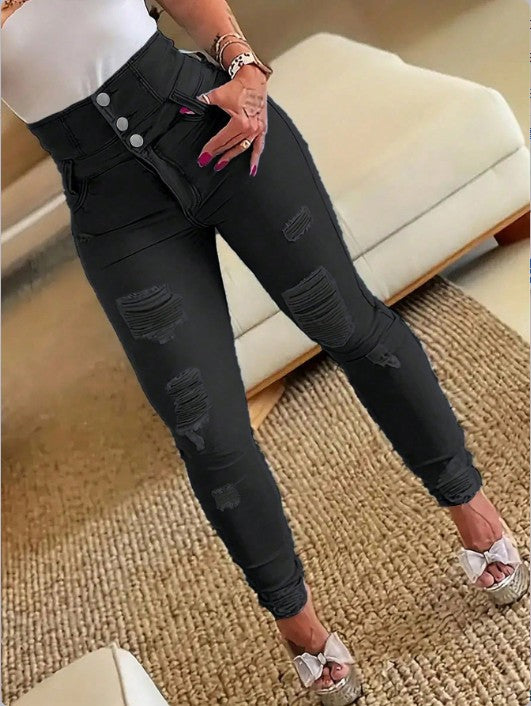 Damen Hochtaillierte Sculpting-Skinny-Jeans mit Rissen und Dreifachknopf Shop Nory