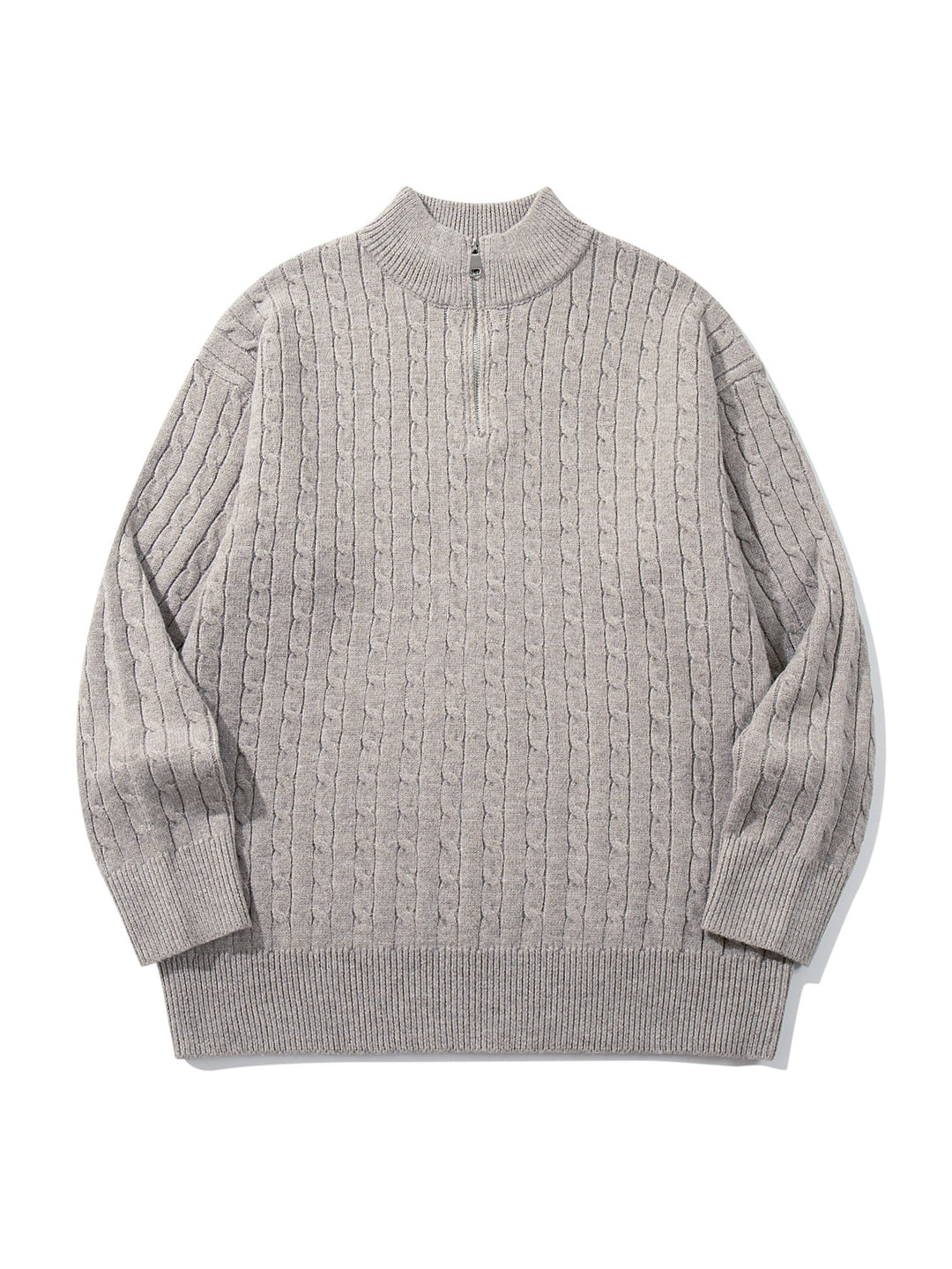 Unisex Zopfmuster-Halbzip-Strickpullover mit hohem Rippkragen und längerem Saum Shop Nory
