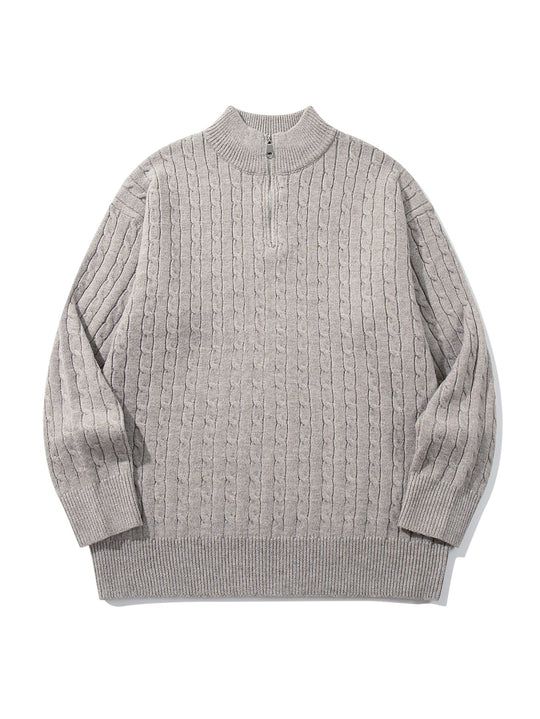 Unisex Zopfmuster-Halbzip-Strickpullover mit hohem Rippkragen und längerem Saum Shop Nory