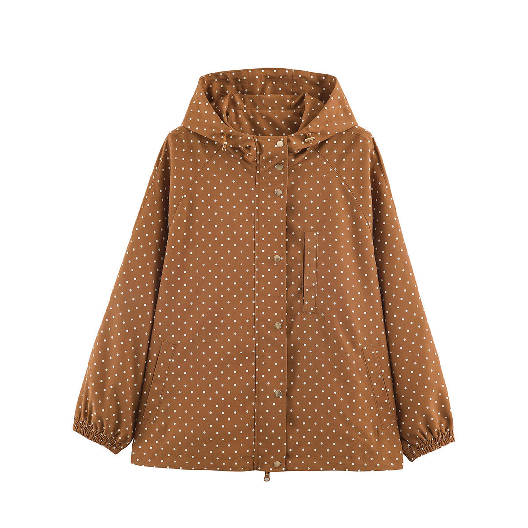 Damen Leichte wasserabweisende Kapuzenjacke mit Tupfenmuster und Druckknopfleiste Shop Nory