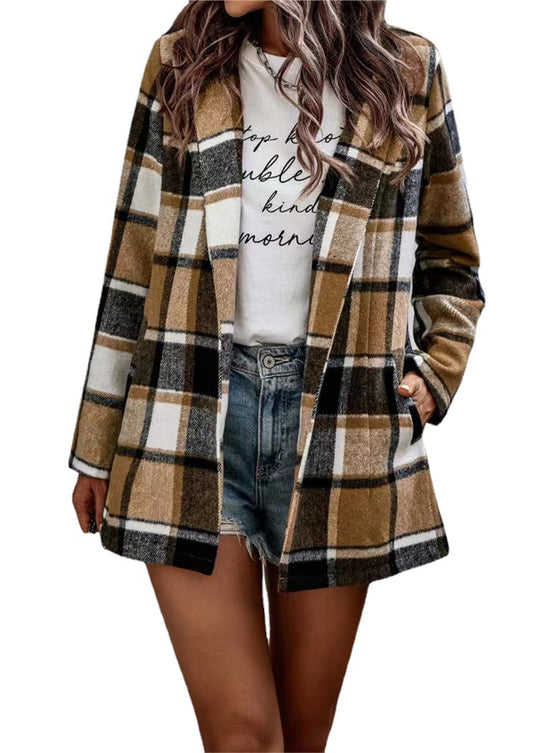 Damen Kariertes Longblazer‑Shacket ohne Kragen, offen geschnitten Shop Nory