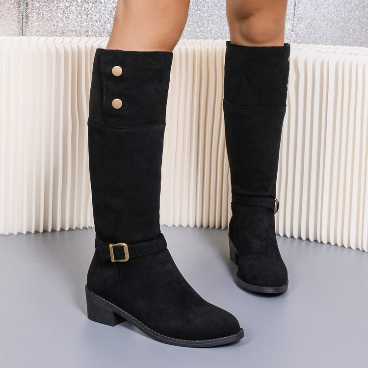 Damen kniehohe Velourslederstiefel mit niedrigem Blockabsatz und Zierriemen Shop Nory