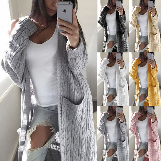Damen Langer Oversize Zopfmuster-Strickcardigan mit Eingrifftaschen Shop Nory