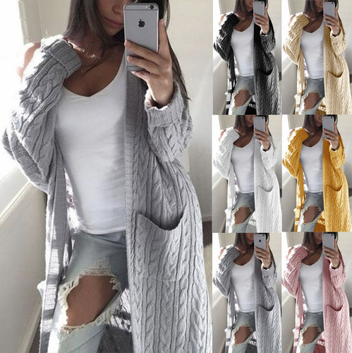 Damen Langer Oversize Zopfmuster-Strickcardigan mit Eingrifftaschen Shop Nory