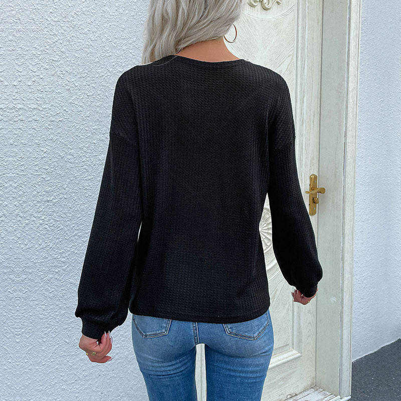 Damen Langarm Waffelshirt mit Spitzen-Einsatz und V-Form Shop Nory