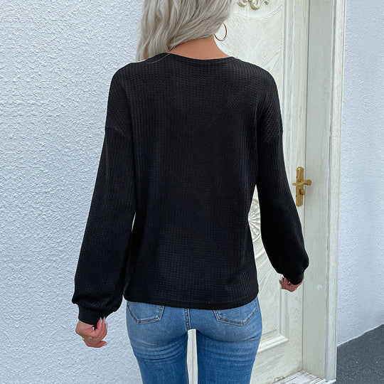 Damen Langarm Waffelshirt mit Spitzen-Einsatz und V-Form Shop Nory