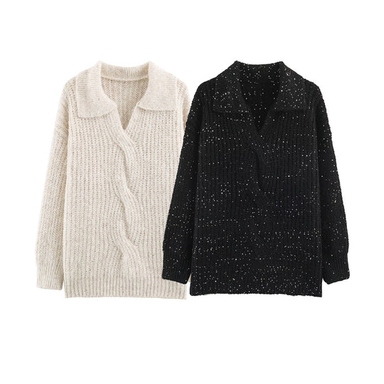 Damen Grobgestrickter Pullover mit weitem Reverskragen und Paillettenbesatz Shop Nory