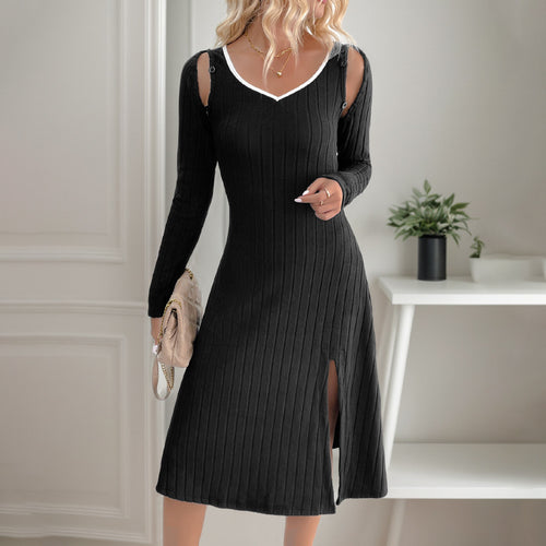 Damen Geripptes Strick-Midikleid mit V-Ausschnitt, figurbetonter Silhouette und seitlichem Schlitz Shop Nory