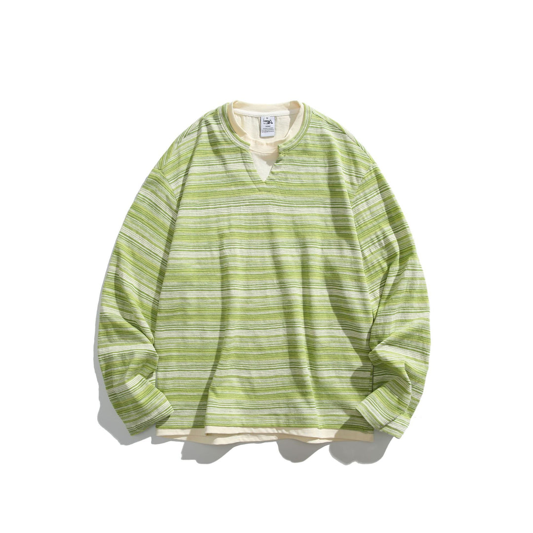 Unisex Gestreiftes Langarmshirt mit V-Notch und Lagen-Effekt Shop Nory