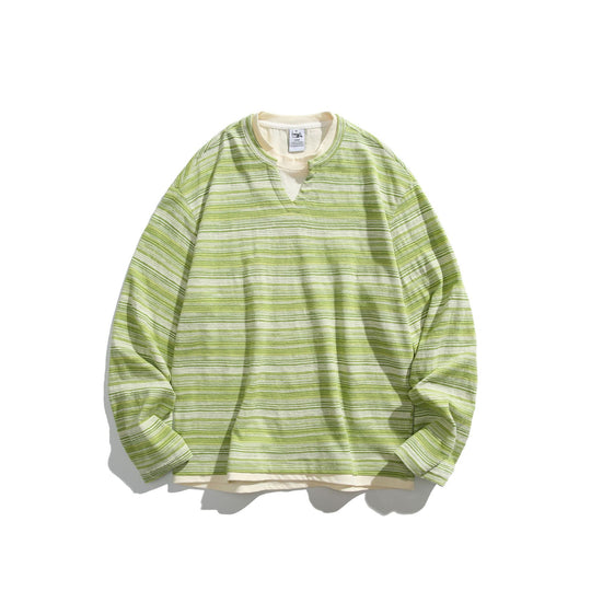 Unisex Gestreiftes Langarmshirt mit V-Notch und Lagen-Effekt Shop Nory