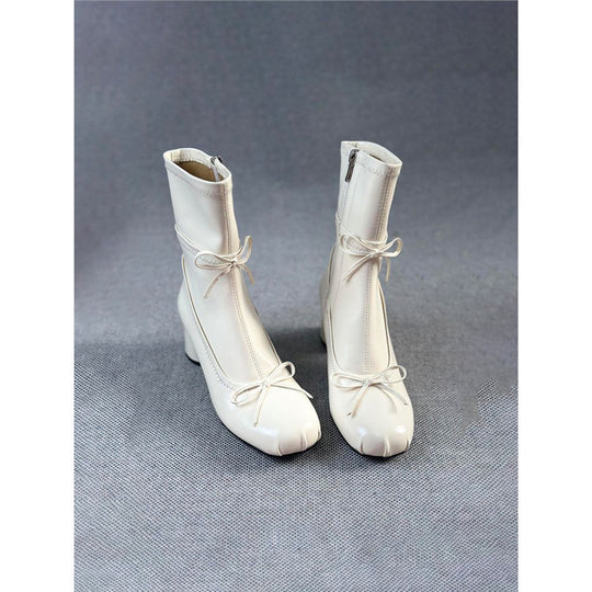 Damen mittelhohe Samtvelours‑Stiefeletten mit runder Zehenpartie, Ziernähten und dekorativen Schleifen Shop Nory