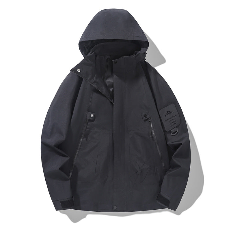 Herren Technische Kapuzen-Utility-Jacke mit verdeckter Frontblende, Reißverschluss-Taschen und Ärmeltasche Shop Nory