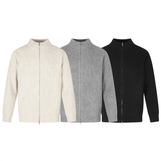 Unisex Reißverschluss-Strickjacke im Boxy‑Cut mit Stehkragen und Rippenstruktur Shop Nory