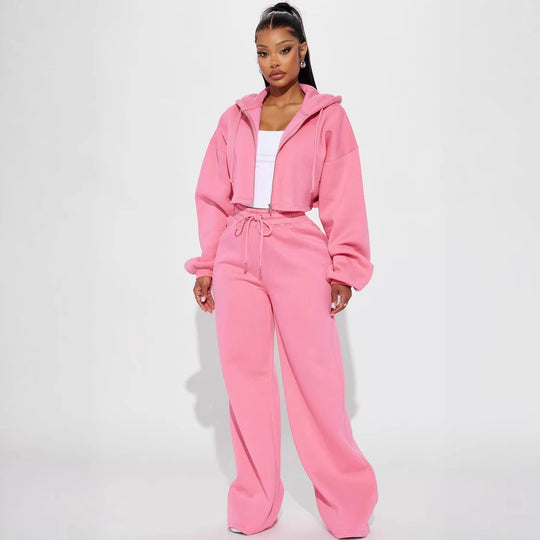 Damen gekürztes Reißverschluss-Kapuzenoberteil und hochtaillierte weite Fleece-Jogginghose Set Shop Nory