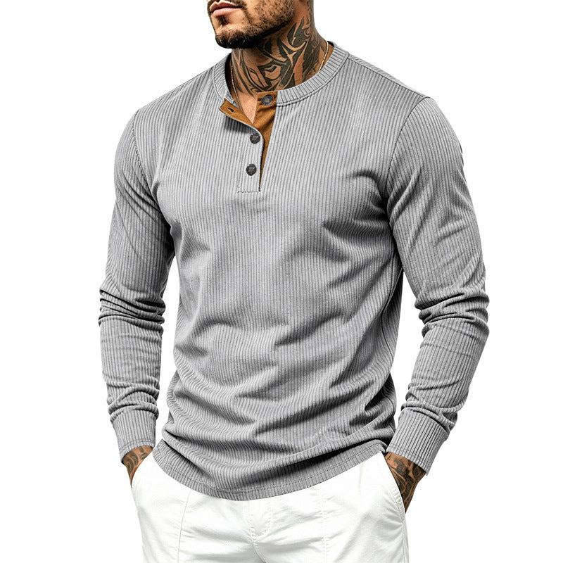 Herren Geripptes Henley-Langarmshirt aus Feinstrick mit Stehkragen und Knopfleiste Shop Nory