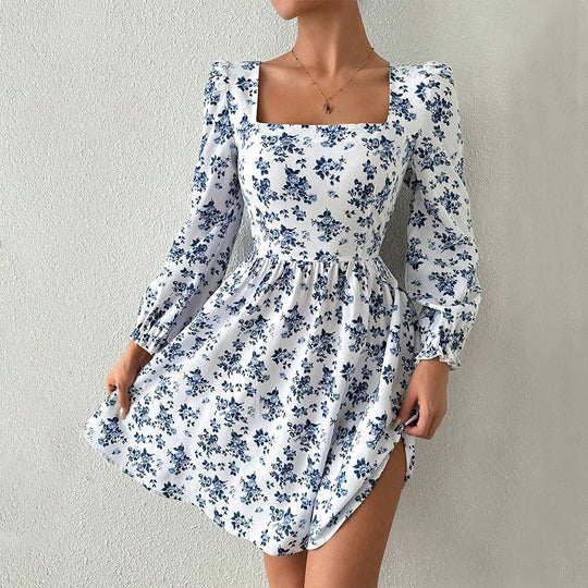 Damen florales Minikleid mit quadratischem Ausschnitt tailliertem Schößchen und langen Puffärmeln Shop Nory