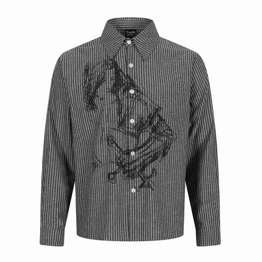 Herren Gestreiftes Baumwollhemd mit künstlerischer Stickerei und Kentkragen Shop Nory