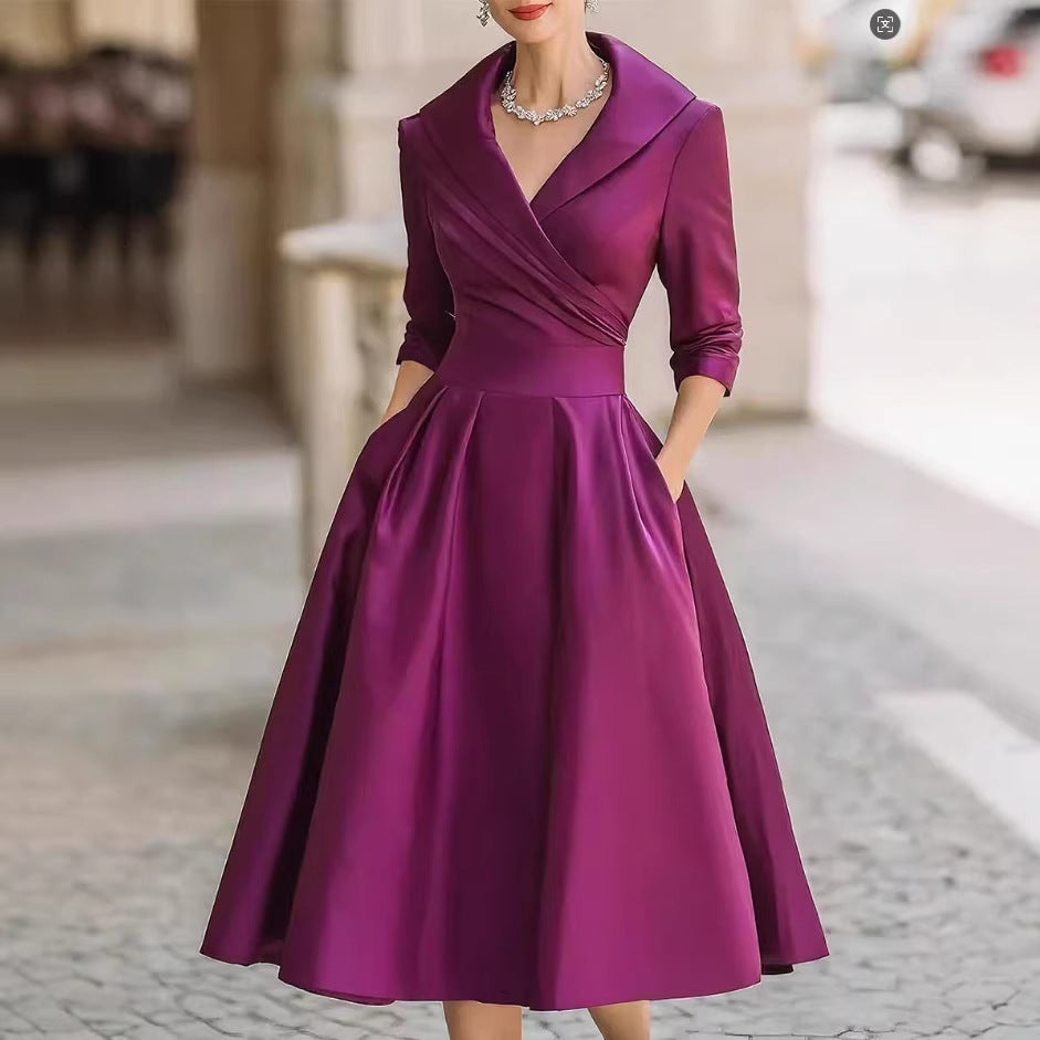 Damen Elegantes Satin-Midikleid mit Wickeloberteil, mittellangen Ärmeln und Eingrifftaschen Shop Nory